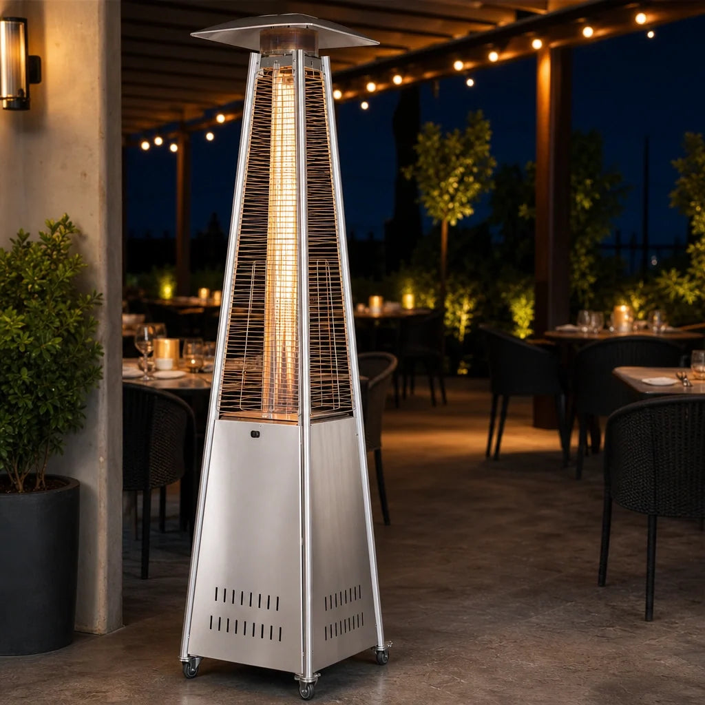 Omcan 47879 Freestanding Stainless Steel Pyramid Propane Patio Heater, 42,000 BTU, 89.4-Inch Tall, With Casters
