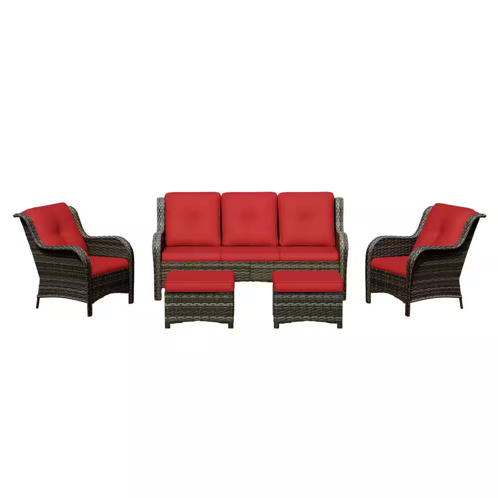 5-Piece Wicker Outdoor Patio Seating Set Sectional Sofa with Red Cushions