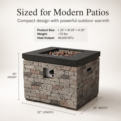 32-Inch Outdoor Fire Pit Table with Lava Rocks - Black Stone Look