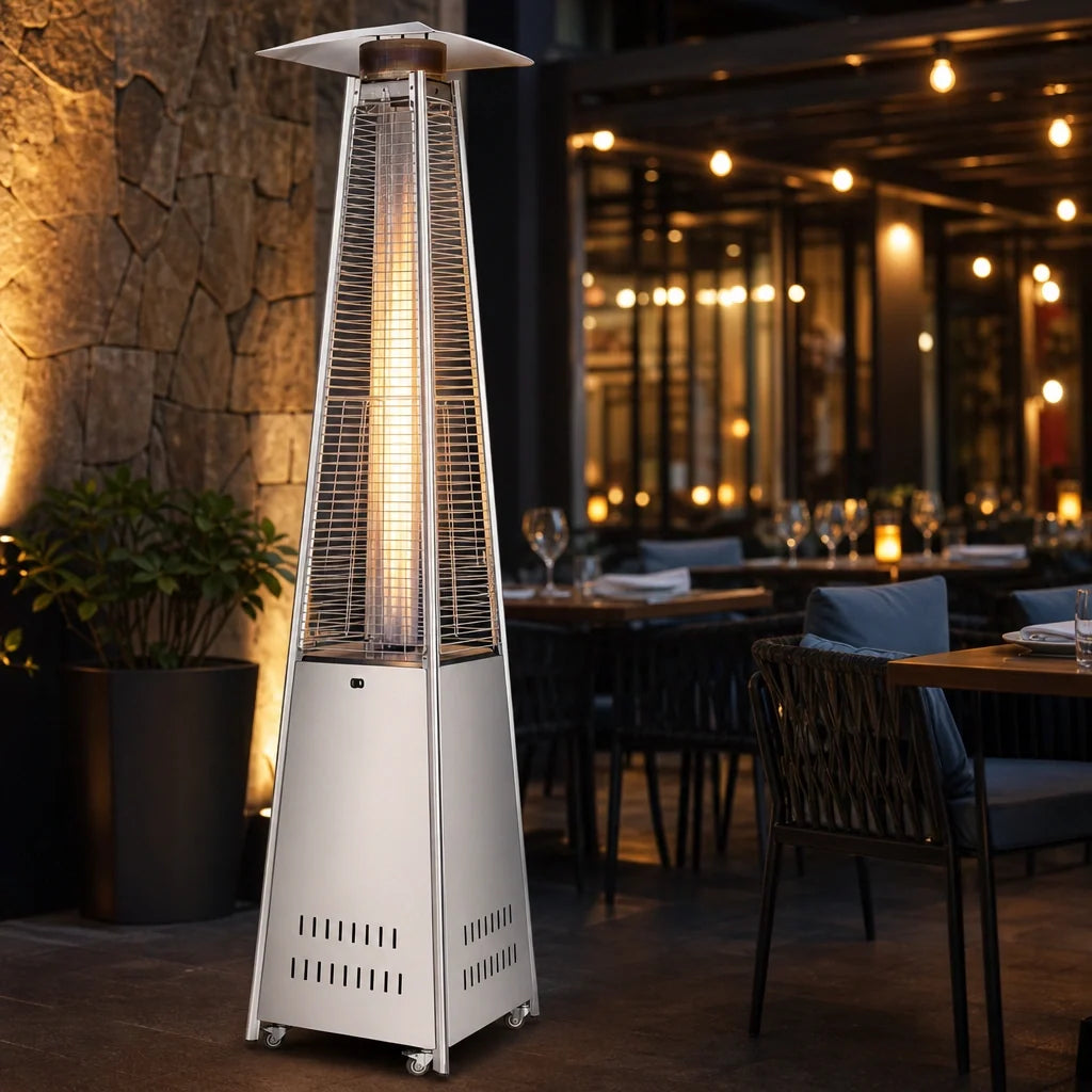 Omcan 47879 Freestanding Stainless Steel Pyramid Propane Patio Heater, 42,000 BTU, 89.4-Inch Tall, With Casters