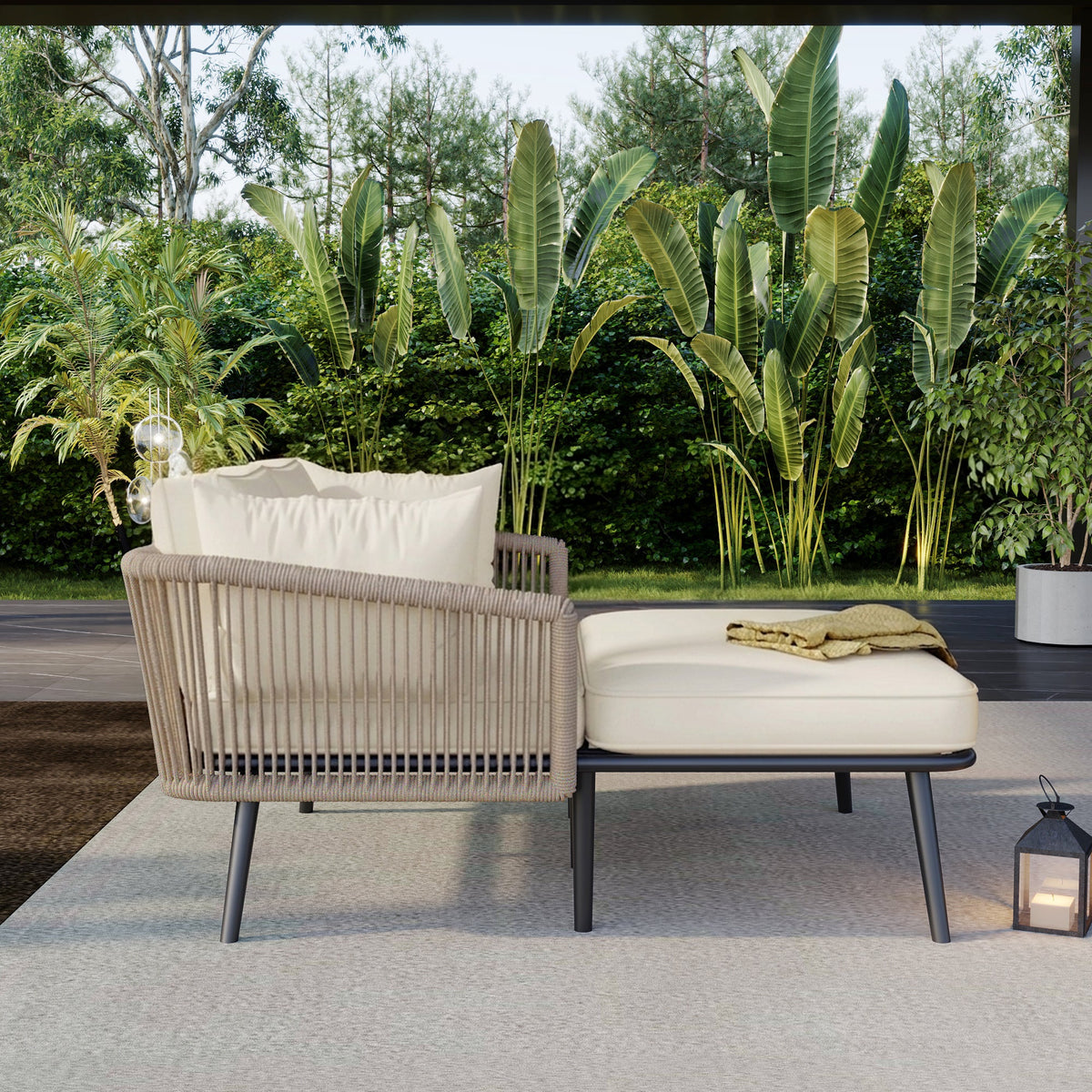 Garden Sofa With 2 Cushions And 2 Cushions,outdoor Sun Lounge, Garden Lounge, Balcony Furniture Set, Lounge Furniture, Terrace Furniture,cushions Are Removable And Washable,beige Fabric  Khaki Rope