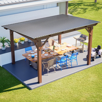 Wooden Garden Gazebo with Metal Roof - 13x10ft Outdoor Pergola - Brown