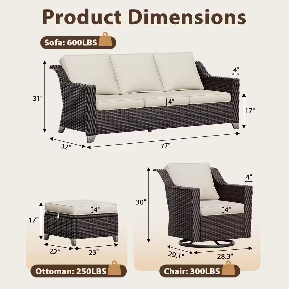 5-Piece Wicker Outdoor Patio Conversation Sectional Set with Beige Cushions