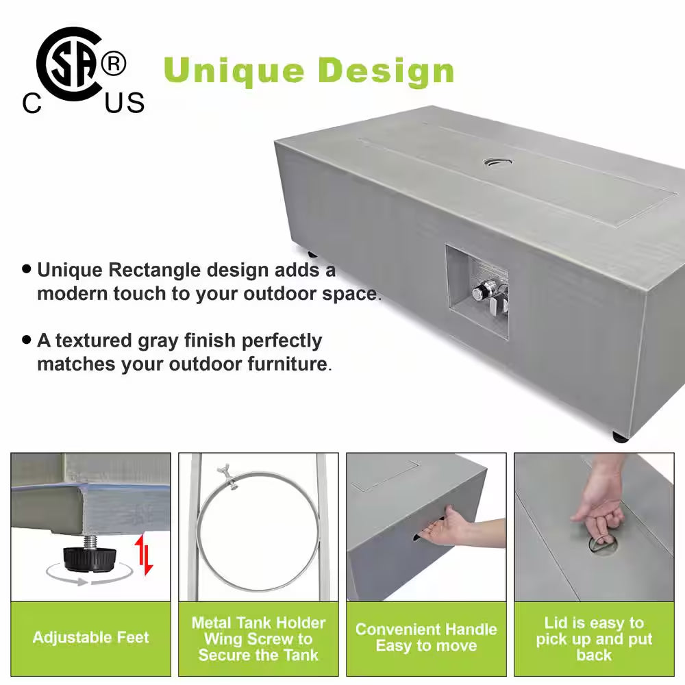 42 In. 50,000 BTU Propane Fire Pit Table Rectangle Outdoor Propane Gas Firepit with LED Light