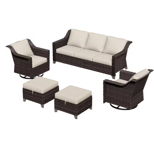 5-Piece Wicker Outdoor Patio Conversation Sectional Set with Beige Cushions