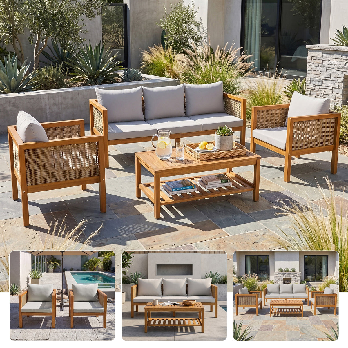 4 Pieces Patio Sofa Set with Waterproof Cushions - Beige, Green or Grey/Natural Wood