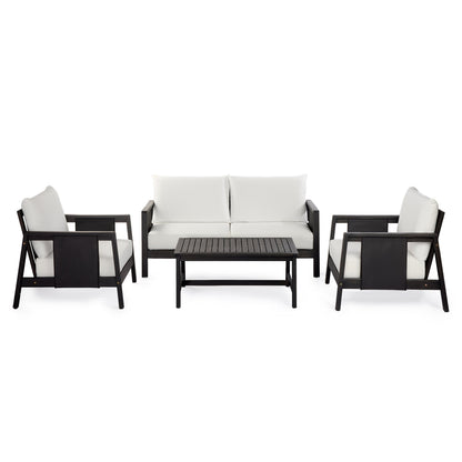 4-Piece Outdoor Sofa Set with Cushions - Acacia Wood, Waterproof Cushions, Dark Grey/White+Black
