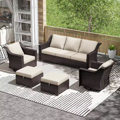 5-Piece Wicker Outdoor Patio Conversation Sectional Set with Beige Cushions