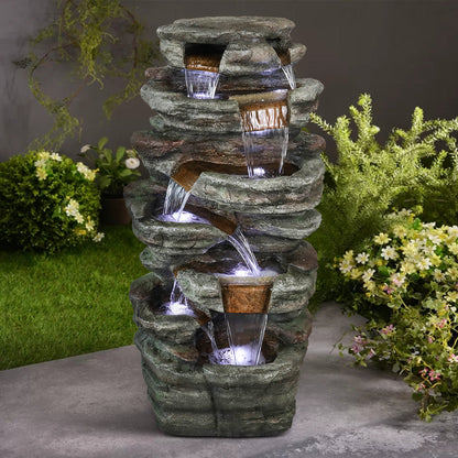 Resin Serpentine Slate Column Cascading Outdoor Fountain