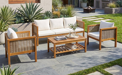 4 Pieces Patio Sofa Set with Waterproof Cushions - Beige, Green or Grey/Natural Wood