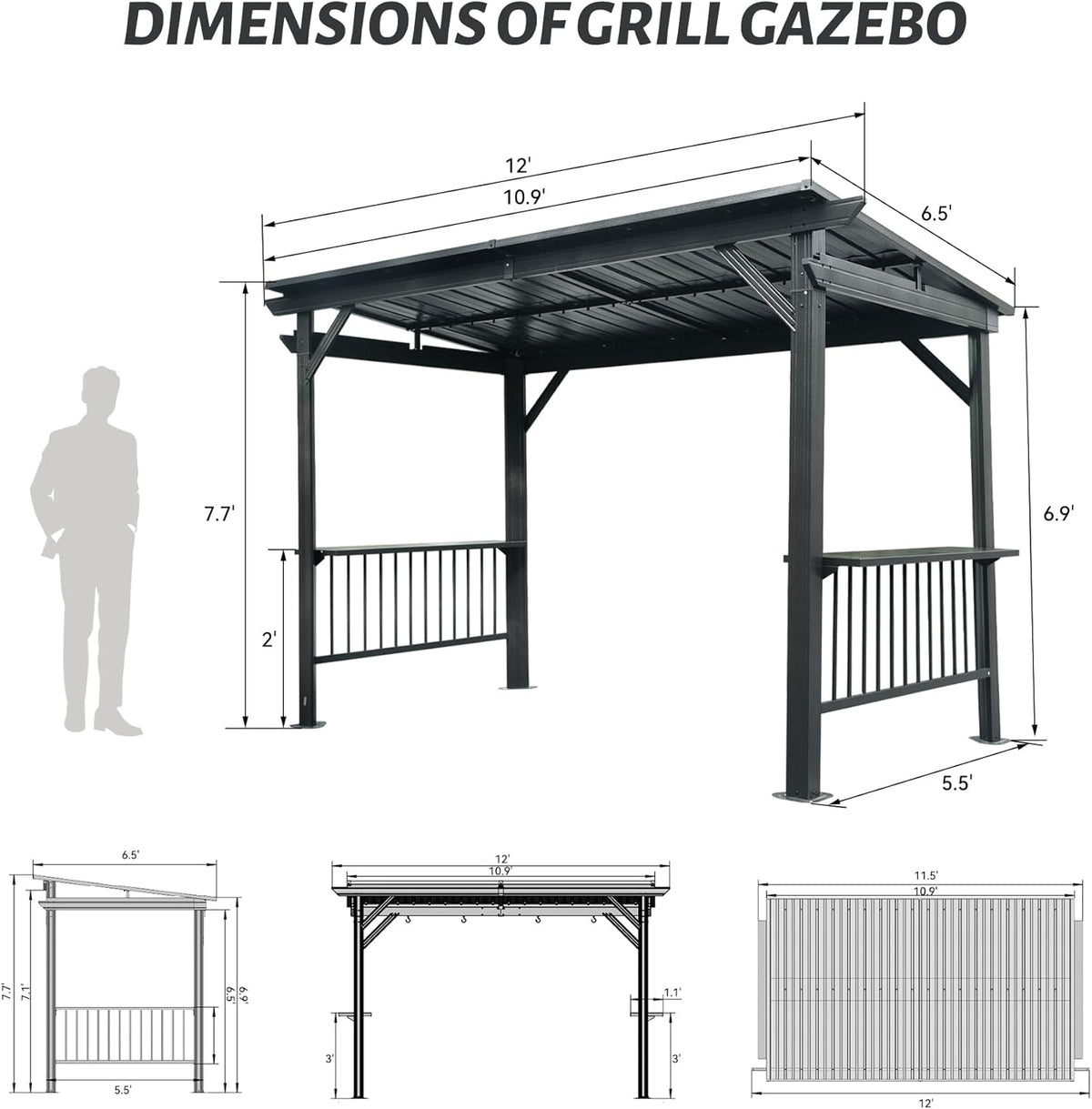 6.5x12FT Hardtop Grill Gazebo with Two Side Shelves - Gray