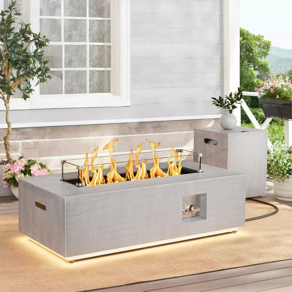 42 In. 50,000 BTU Propane Fire Pit Table Rectangle Outdoor Propane Gas Firepit with LED Light