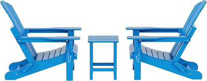 WO Home Furniture Adirondack Chairs Table Set of 3 PCS Outdoor Folding Chairs Side End Table Weather/UV Resistant for Lawn, Garden, Bon Fire, Balcony (Pacific Blue)