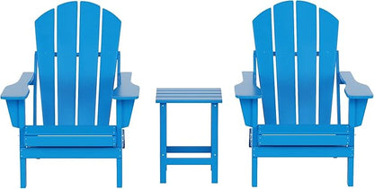 WO Home Furniture Adirondack Chairs Table Set of 3 PCS Outdoor Folding Chairs Side End Table Weather/UV Resistant for Lawn, Garden, Bon Fire, Balcony (Pacific Blue)