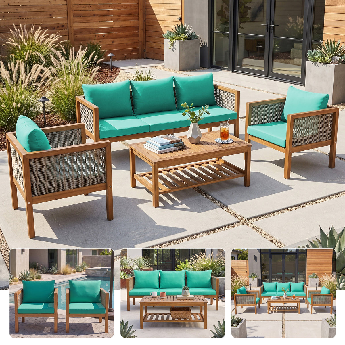 4 Pieces Patio Sofa Set with Waterproof Cushions - Beige, Green or Grey/Natural Wood
