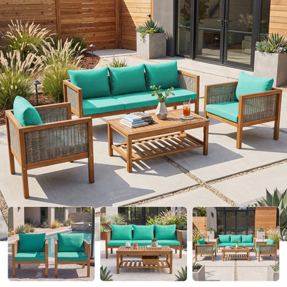 4 Pieces Patio Sofa Set with Waterproof Cushions - Beige, Green or Grey/Natural Wood