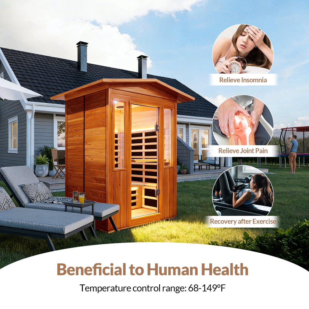 Outdoor Red Cedar Infrared Sauna Room with Bluetooth & Ambient Lighting - Natural