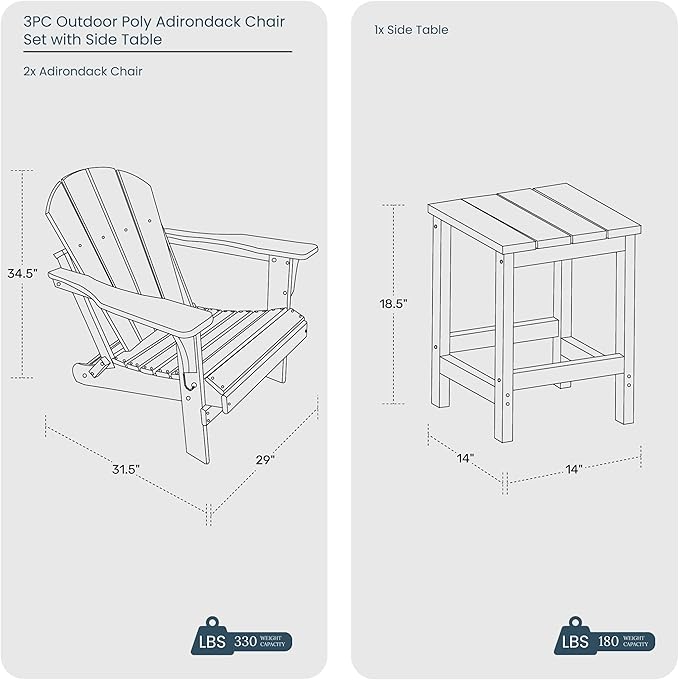 WO Home Furniture Adirondack Chairs Table Set of 3 PCS Outdoor Folding Chairs Side End Table Weather/UV Resistant for Lawn, Garden, Bon Fire, Balcony (Pacific Blue)