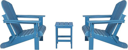 WO Home Furniture Adirondack Chairs Table Set of 3 PCS Outdoor Folding Chairs Side End Table Weather/UV Resistant for Lawn, Garden, Bon Fire, Balcony (Pacific Blue)