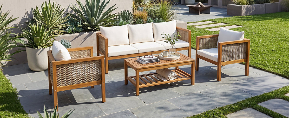 4 Pieces Patio Sofa Set with Waterproof Cushions - Beige, Green or Grey/Natural Wood