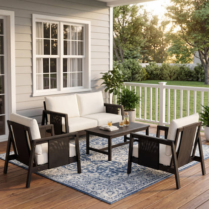 4-Piece Outdoor Sofa Set with Cushions - Acacia Wood, Waterproof Cushions, Dark Grey/White+Black