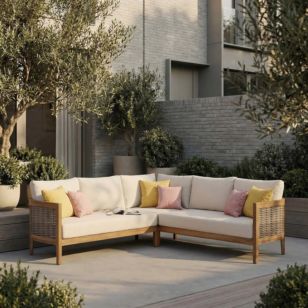 Solid Acacia Wood 5-Seater Patio Sofa Set with Waterproof Cushions - Beige