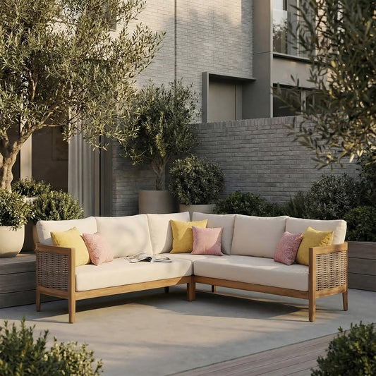 Solid Acacia Wood 5-Seater Patio Sofa Set with Waterproof Cushions - Beige