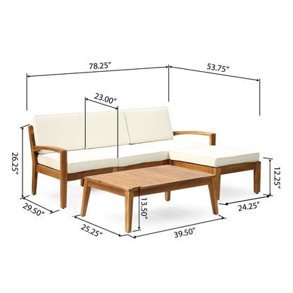 L Shape 3-Piece Acacia Wood Patio Sofa Set with Waterproof Cushions - Natural Finish