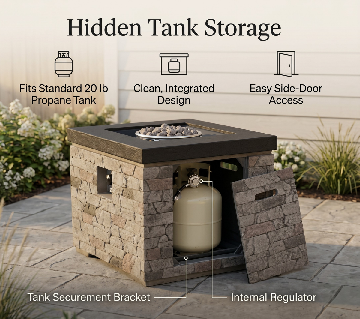 32-Inch Outdoor Fire Pit Table with Lava Rocks - Black Stone Look