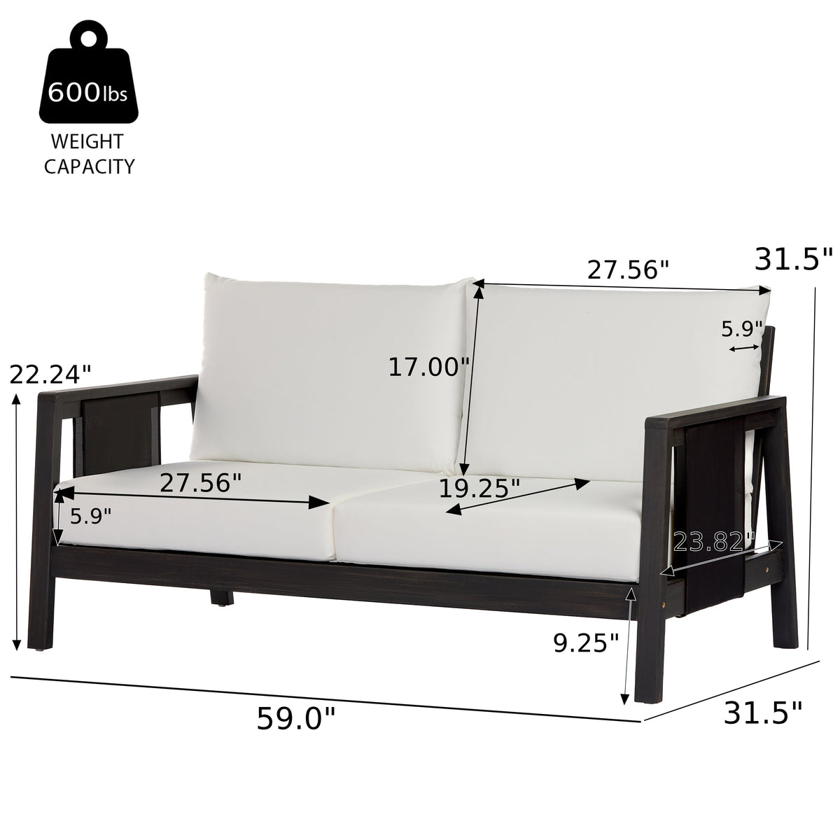 4-Piece Outdoor Sofa Set with Cushions - Acacia Wood, Waterproof Cushions, Dark Grey/White+Black