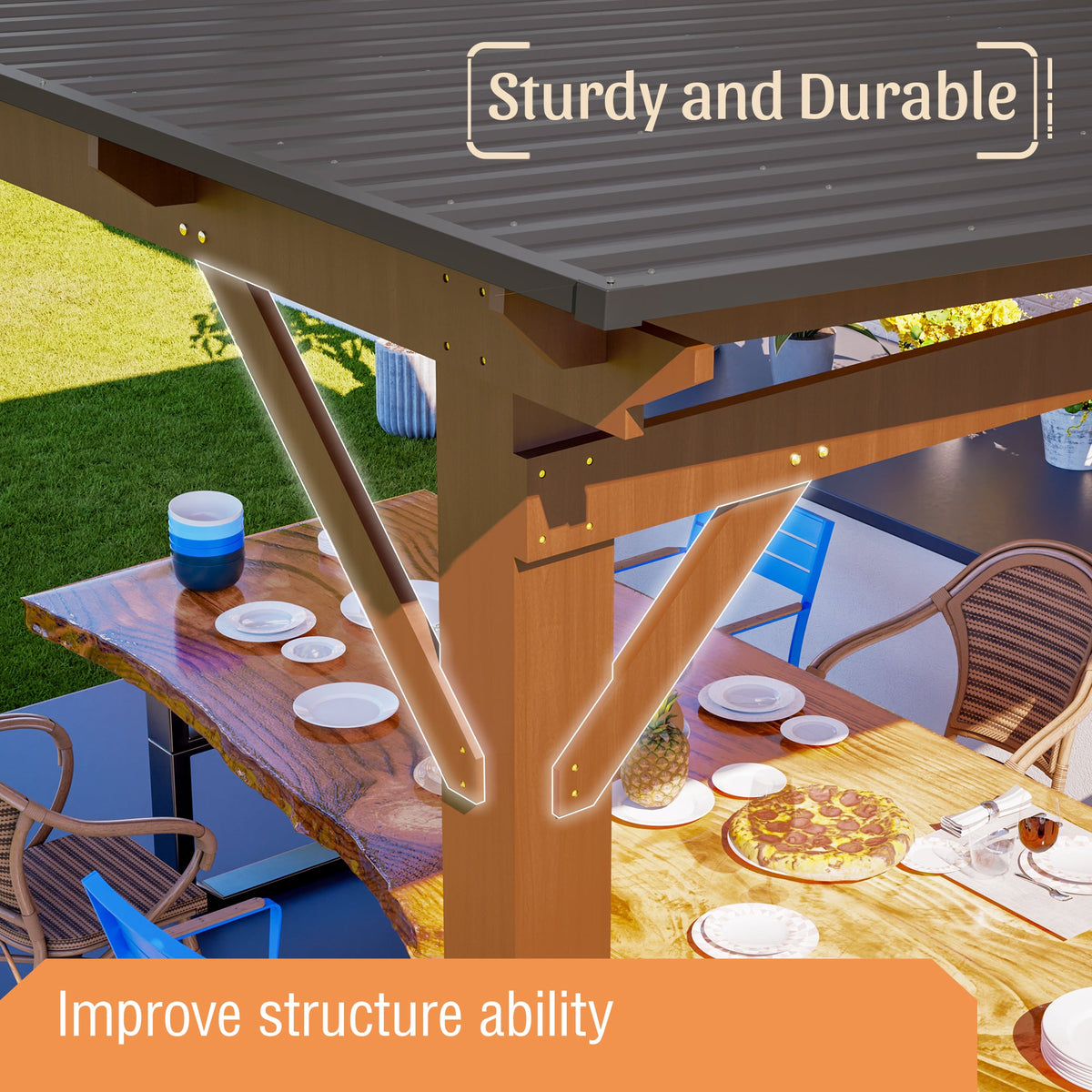 Wooden Garden Gazebo with Metal Roof - 13x10ft Outdoor Pergola - Brown