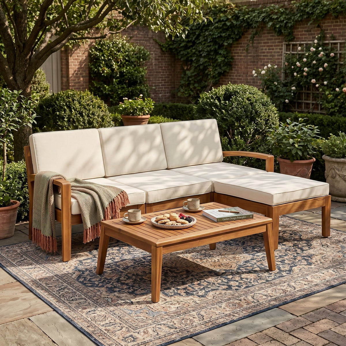 L Shape 3-Piece Acacia Wood Patio Sofa Set with Waterproof Cushions - Natural Finish