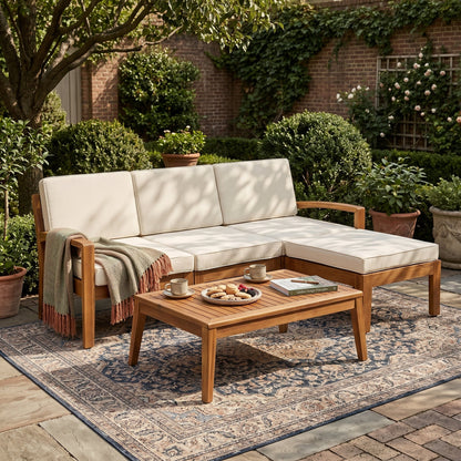 L Shape 3-Piece Acacia Wood Patio Sofa Set with Waterproof Cushions - Natural Finish