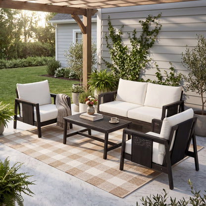 4-Piece Outdoor Sofa Set with Cushions - Acacia Wood, Waterproof Cushions, Dark Grey/White+Black
