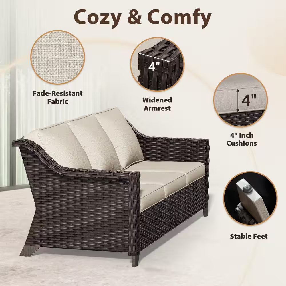 5-Piece Wicker Outdoor Patio Conversation Sectional Set with Beige Cushions