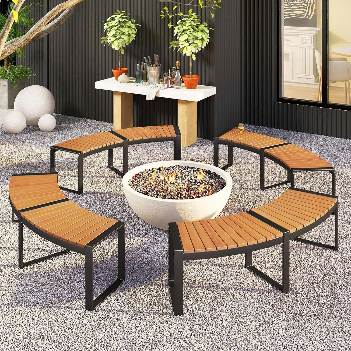 Set of 4 - Round Outdoor Metal Wood Backless Bench - Around Table Tree Fire Pit
