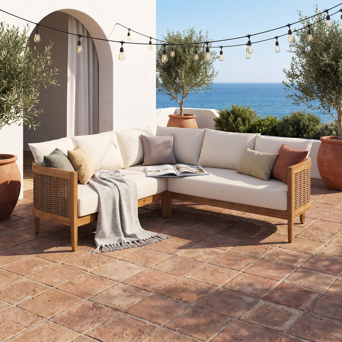 Solid Acacia Wood 5-Seater Patio Sofa Set with Waterproof Cushions - Beige