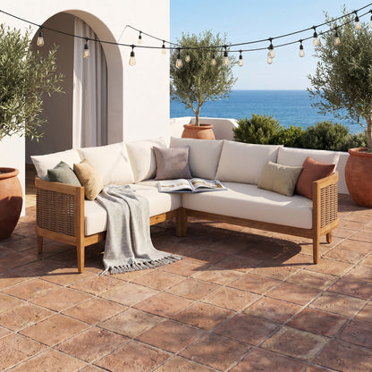 Solid Acacia Wood 5-Seater Patio Sofa Set with Waterproof Cushions - Beige