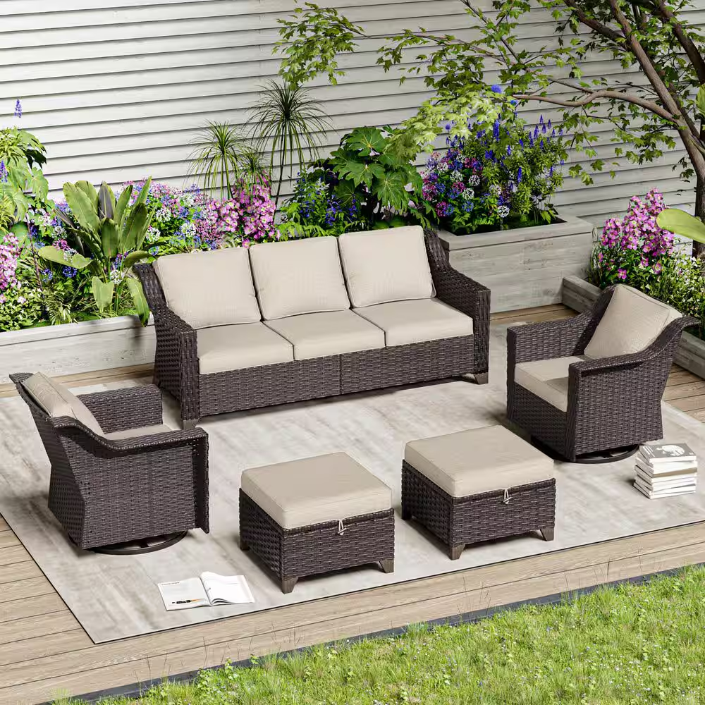 5-Piece Wicker Outdoor Patio Conversation Sectional Set with Beige Cushions