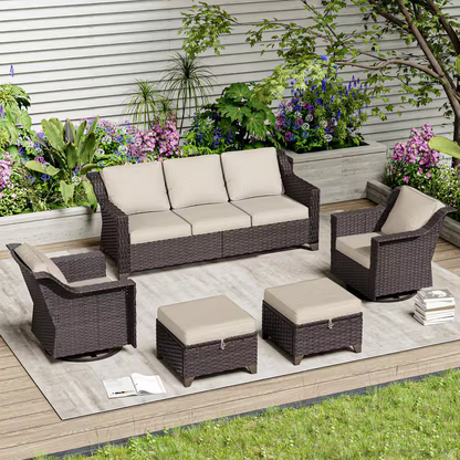 5-Piece Wicker Outdoor Patio Conversation Sectional Set with Beige Cushions