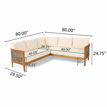 Solid Acacia Wood 5-Seater Patio Sofa Set with Waterproof Cushions - Beige