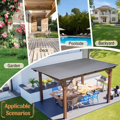 Wooden Garden Gazebo with Metal Roof - 13x10ft Outdoor Pergola - Brown