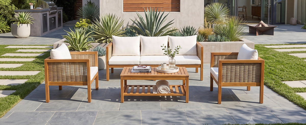 4 Pieces Patio Sofa Set with Waterproof Cushions - Beige, Green or Grey/Natural Wood