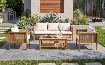 4 Pieces Patio Sofa Set with Waterproof Cushions - Beige, Green or Grey/Natural Wood