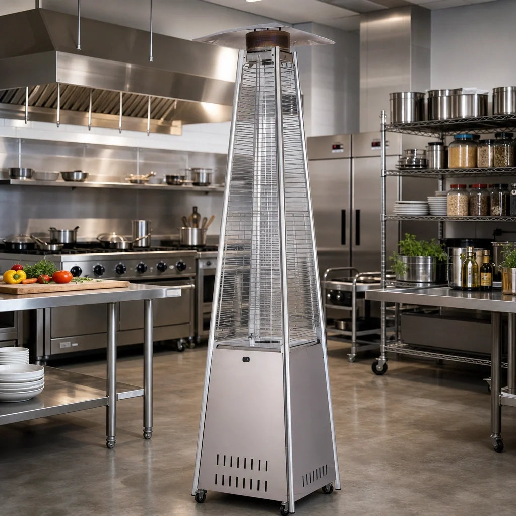 Omcan 47879 Freestanding Stainless Steel Pyramid Propane Patio Heater, 42,000 BTU, 89.4-Inch Tall, With Casters