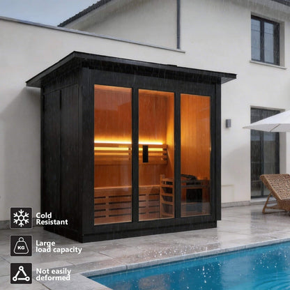 Custom 8-Person Luxury Canadian Red Cedar Outdoor Steam Sauna With Double-Back Bench, Heater And Stones [Made-To-Order] (SAK13492)