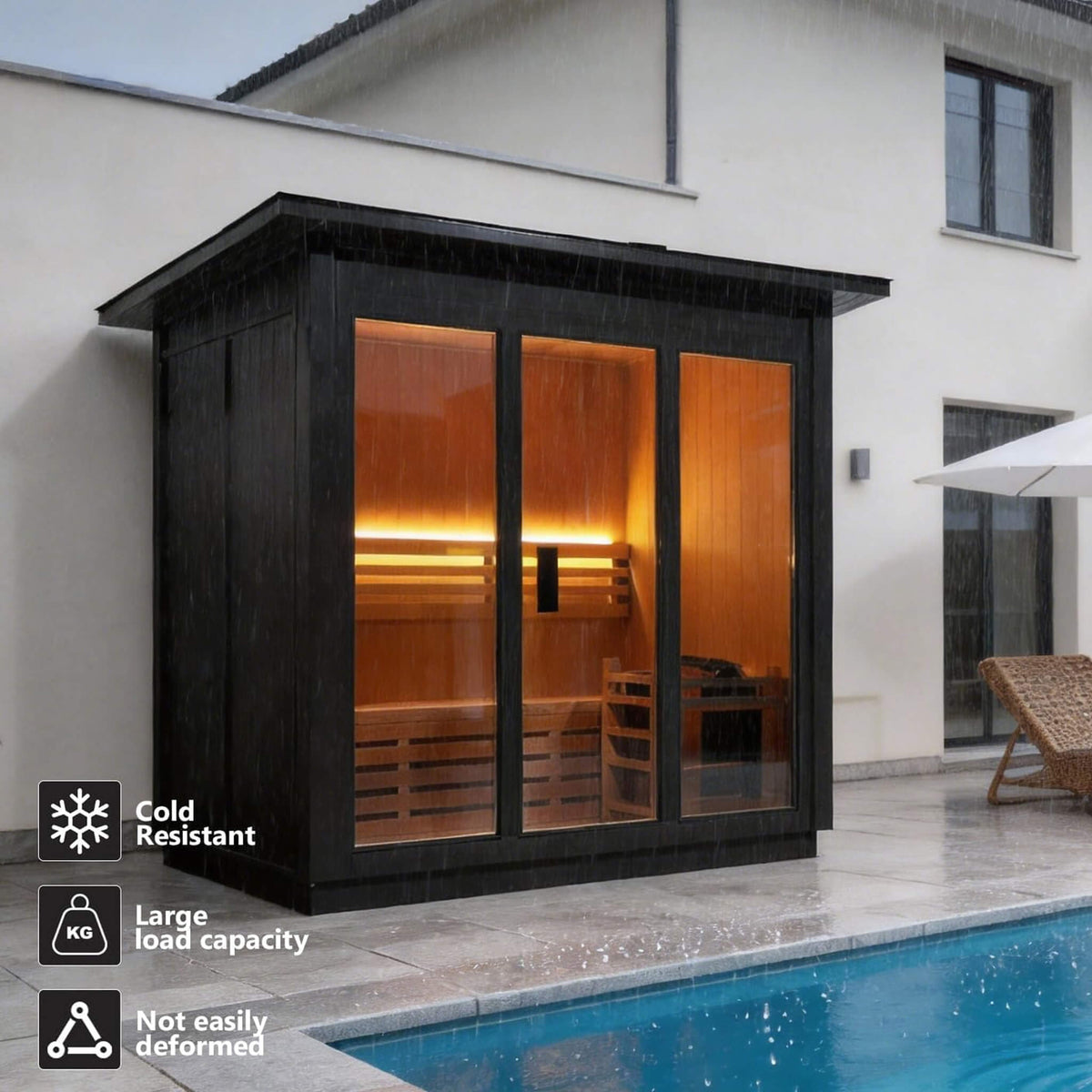 Custom 4-Person Luxury Canadian Hemlock Outdoor Steam Sauna With Single-Back Bench, Heater And Stones [Made-To-Order] (SAK79406)