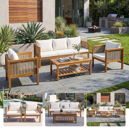 4 Pieces Patio Sofa Set with Waterproof Cushions - Beige, Green or Grey/Natural Wood