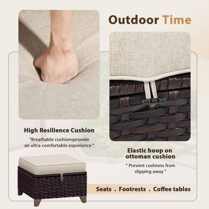 5-Piece Wicker Outdoor Patio Conversation Sectional Set with Beige Cushions