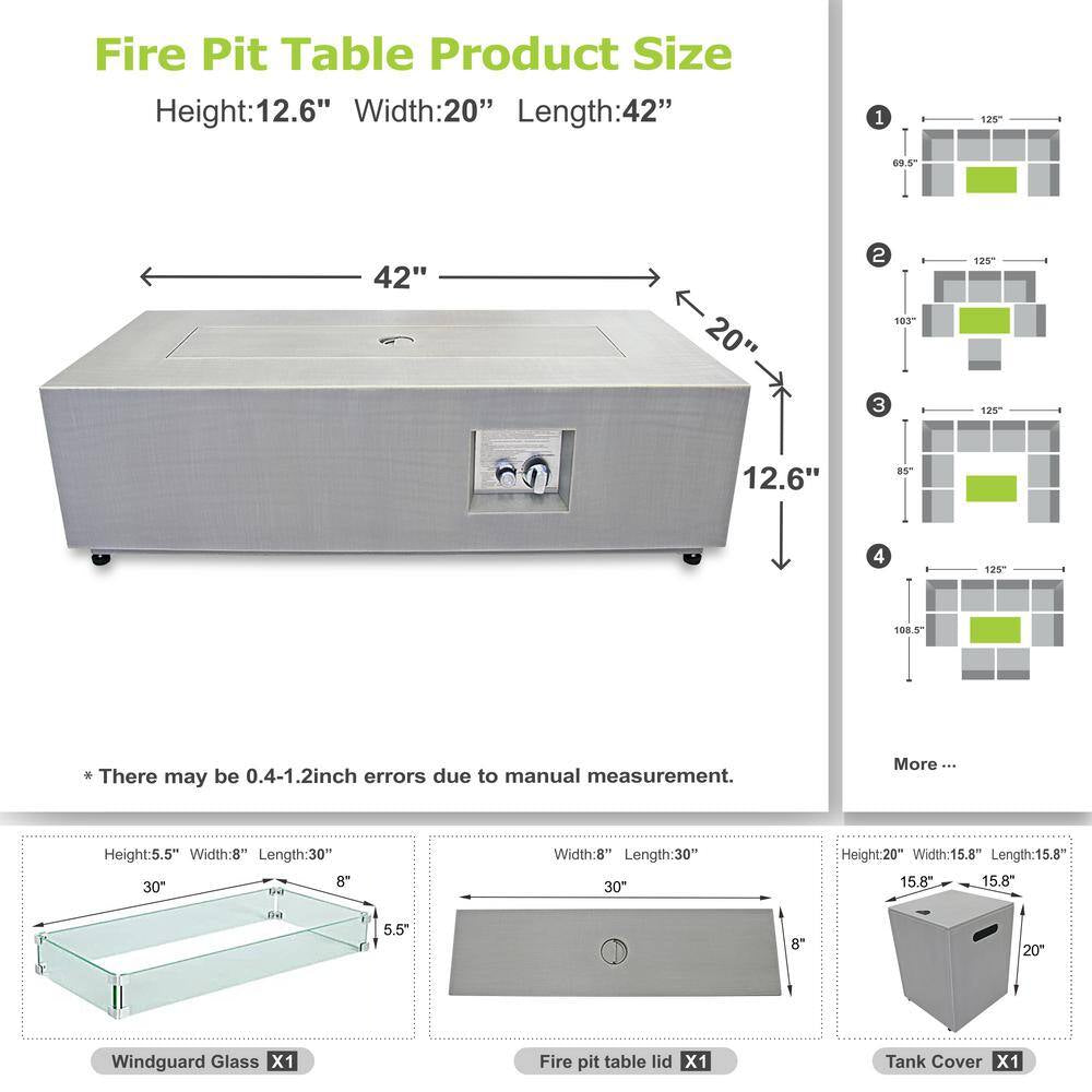 42 In. 50,000 BTU Propane Fire Pit Table Rectangle Outdoor Propane Gas Firepit with LED Light